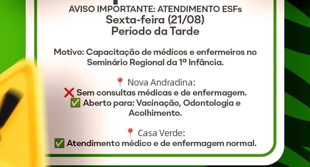 Prefeitura de Nova Andradina informa adequação nos atendimentos das ESFs nesta sexta-feira (21)